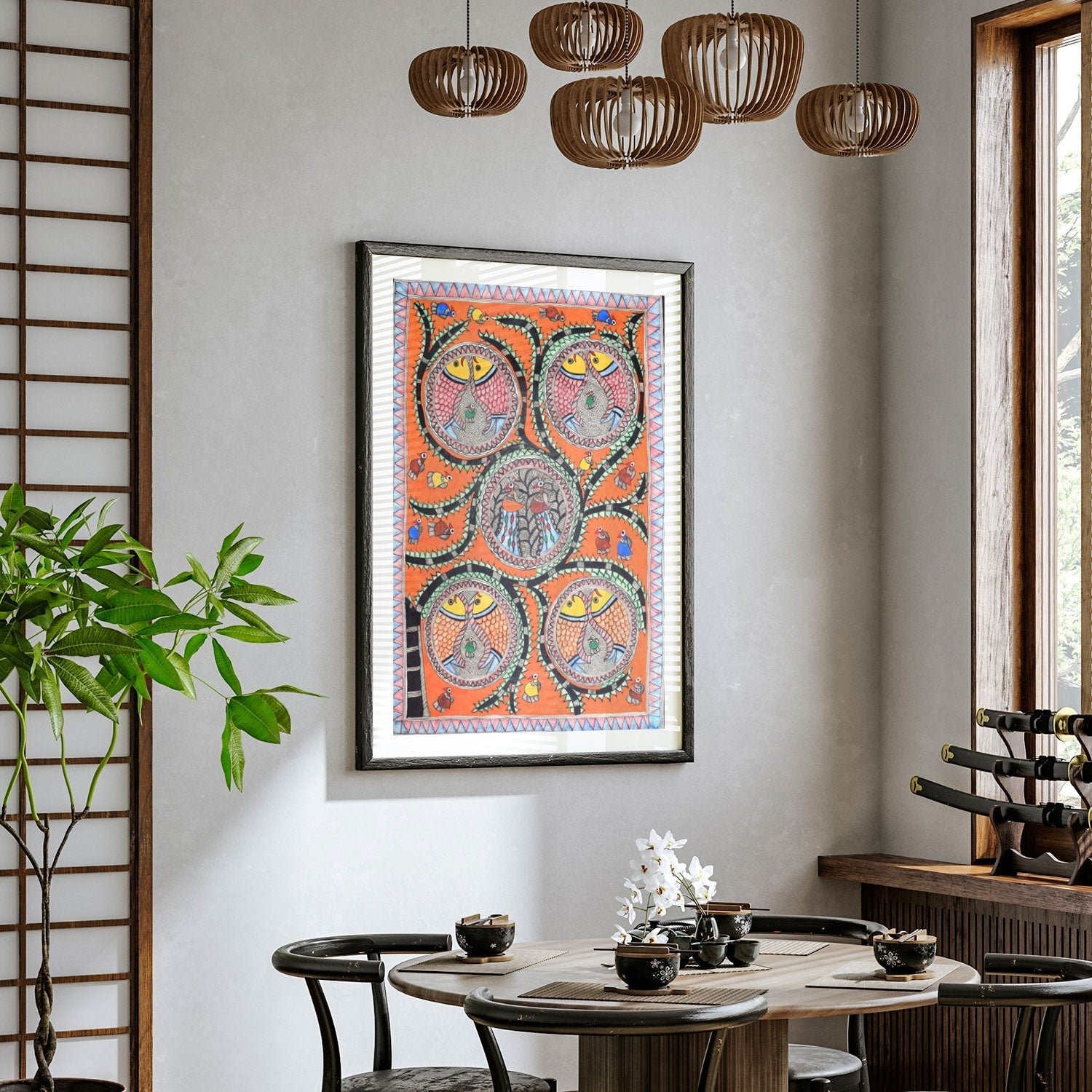 Combination of Fish and Peacock Madhubani Painting, Madhubani Art, Madhubani Painting