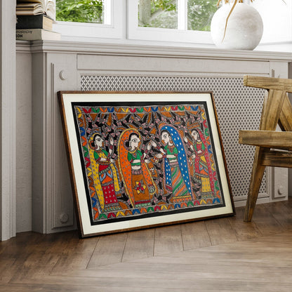 Radha with Gopis madhubani, Madhubani Art, Madhubani Painting