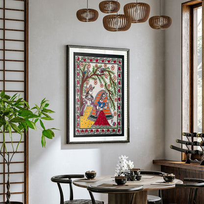 Krishna and Radha ji with flute, Madhubani Art, Madhubani Painting