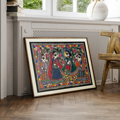 Krishna Dancing with Gopis, Madhubani Art, Madhubani Painting
