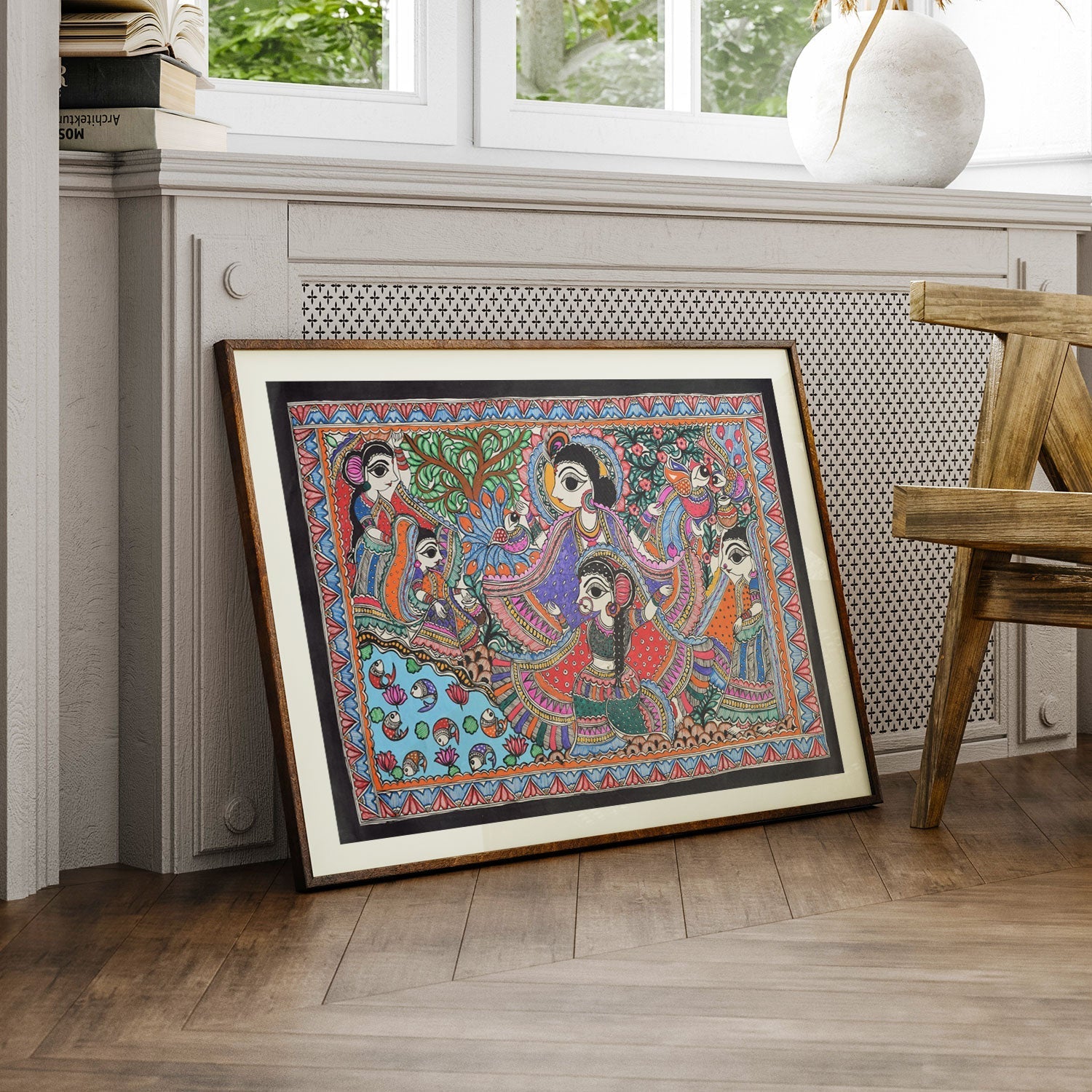 Radha krishna at the river coast, Madhubani Art, Madhubani Painting