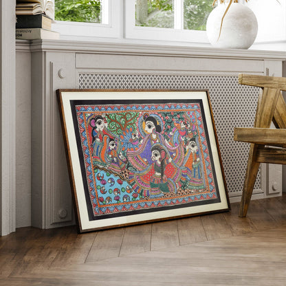 Radha krishna at the river coast, Madhubani Art, Madhubani Painting