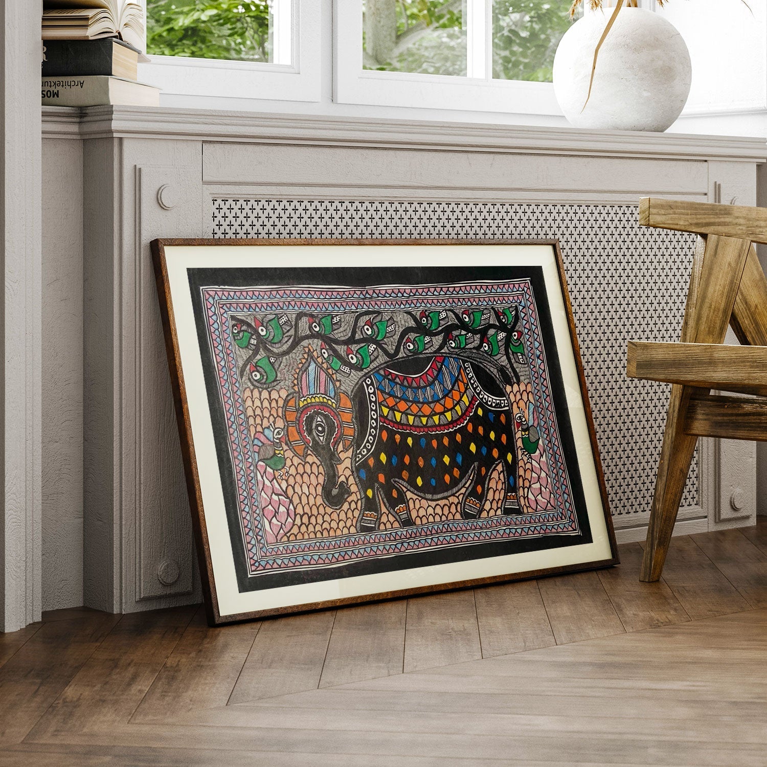 Elephant with Peacock , Madhubani Art, Madhubani Painting