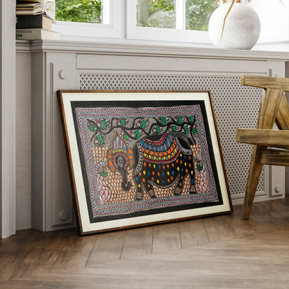 Elephant with Peacock , Madhubani Art, Madhubani Painting