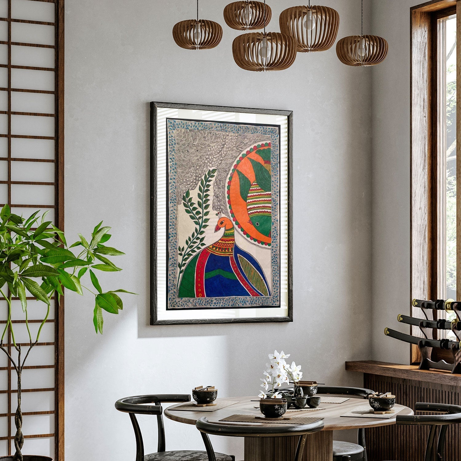 The Peacock with fish, Madhubani Art, Madhubani Painting