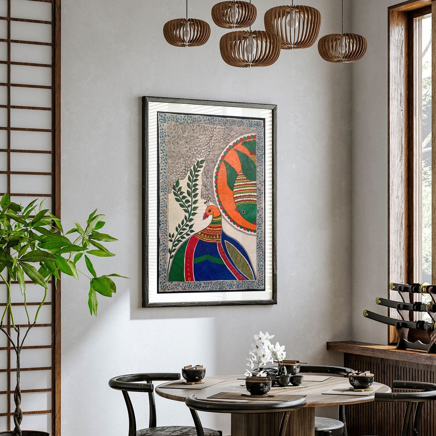 The Peacock with fish, Madhubani Art, Madhubani Painting