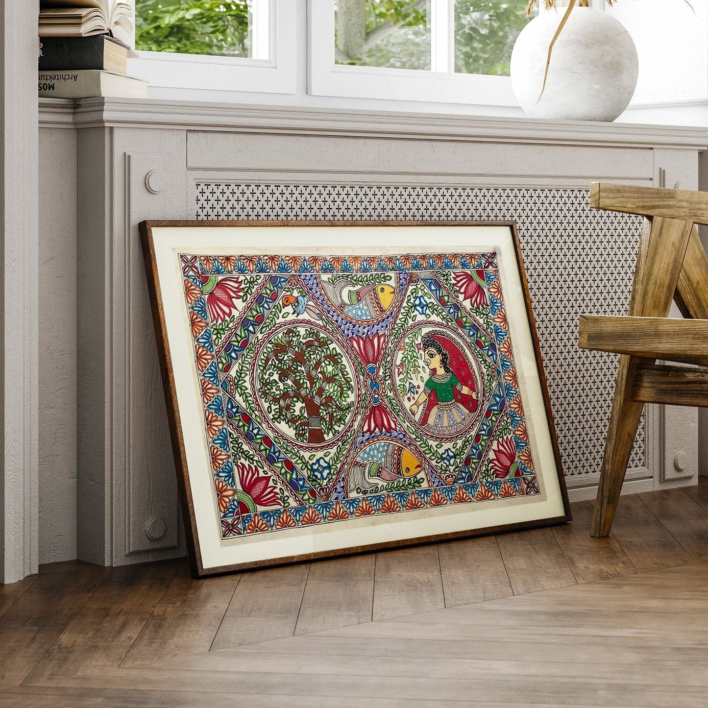 The Lady with fish and tree madhubani, Madhubani Art, Madhubani Painting