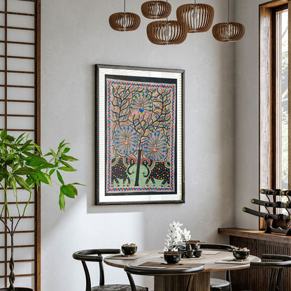 Madhubani Peacock with Elephant, Madhubani Art, Madhubani Painting