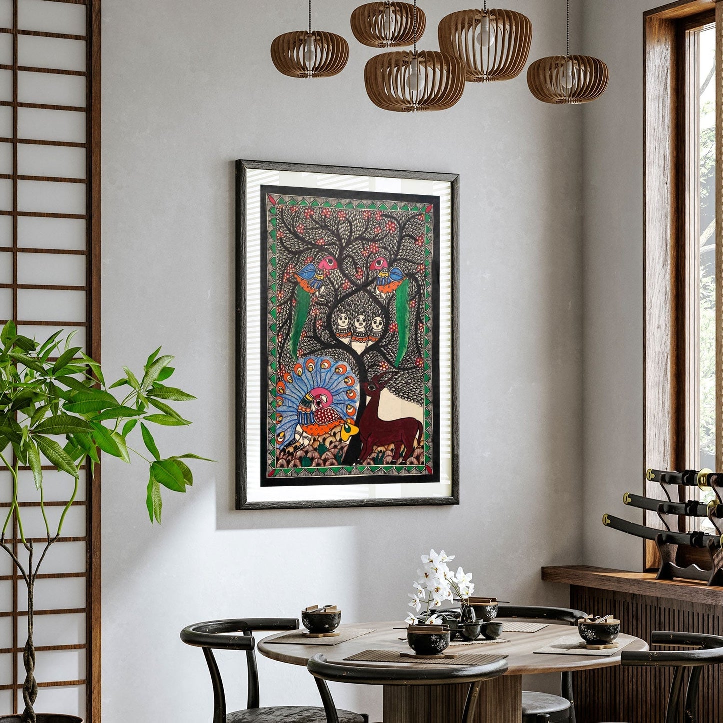 Life of Tree and Peacock Deer, Madhubani Art, Madhubani Painting