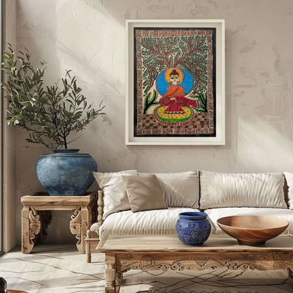 Lord buddha on mat, Madhubani Art, Madhubani Painting