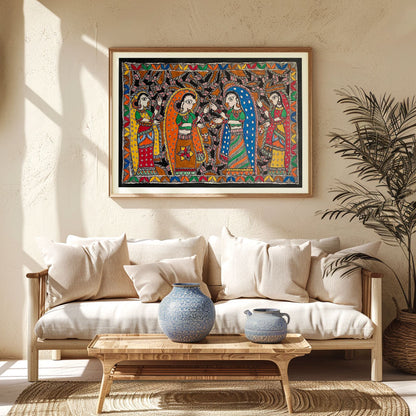 Radha with Gopis madhubani, Madhubani Art, Madhubani Painting