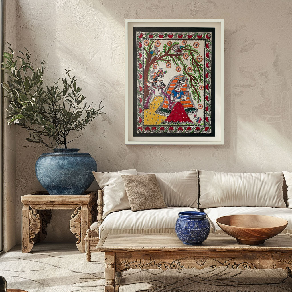 Krishna and Radha ji with flute, Madhubani Art, Madhubani Painting