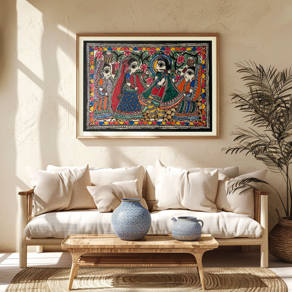 Krishna Dancing with Gopis, Madhubani Art, Madhubani Painting