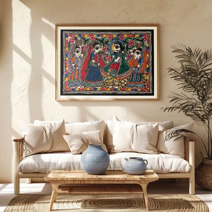 Krishna Dancing with Gopis, Madhubani Art, Madhubani Painting