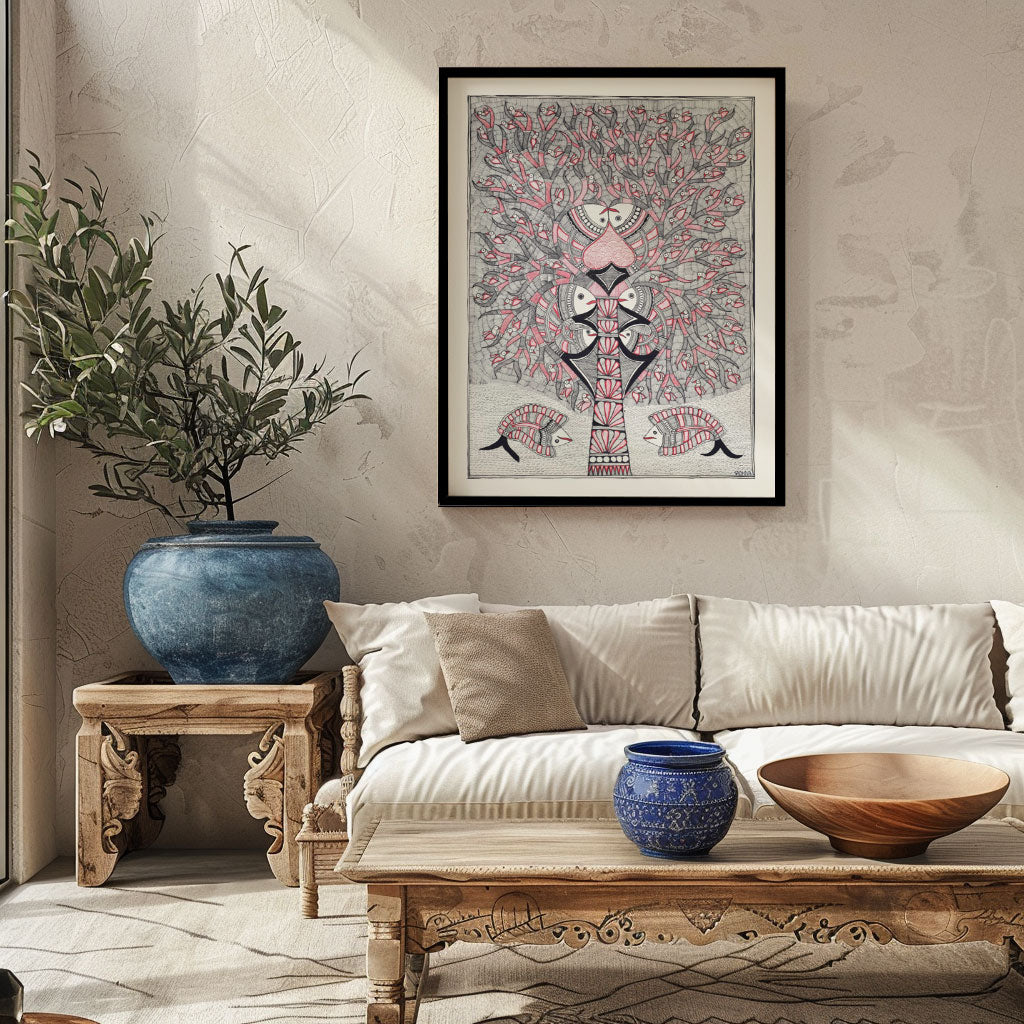 Life of Tree with Fish mode Madhubani Painting, Madhubani Art, Madhubani Painting