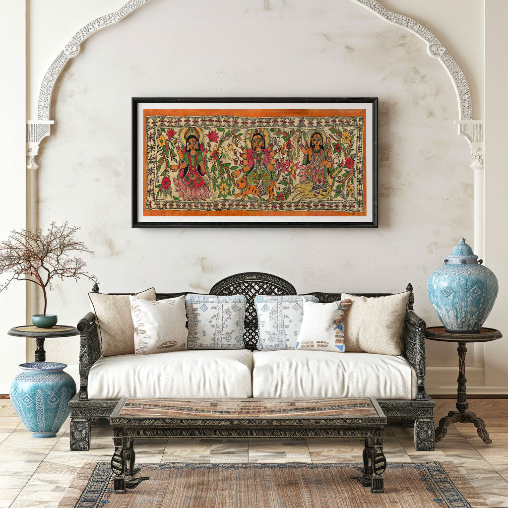 The 3 Devis-Lakshmi,Durga and Saraswati Madhubani painting