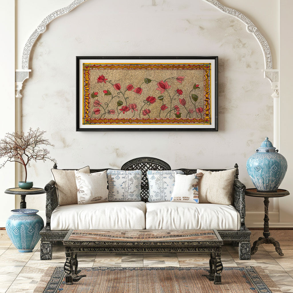 Madhubani Pink Lotus watercolor Artwork