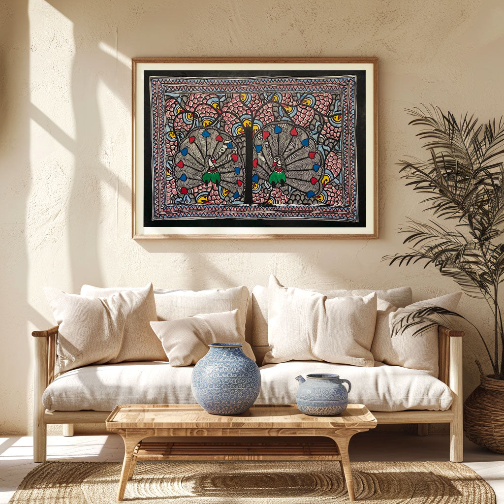 The Peacock in bageecha, Madhubani Art, Madhubani Painting