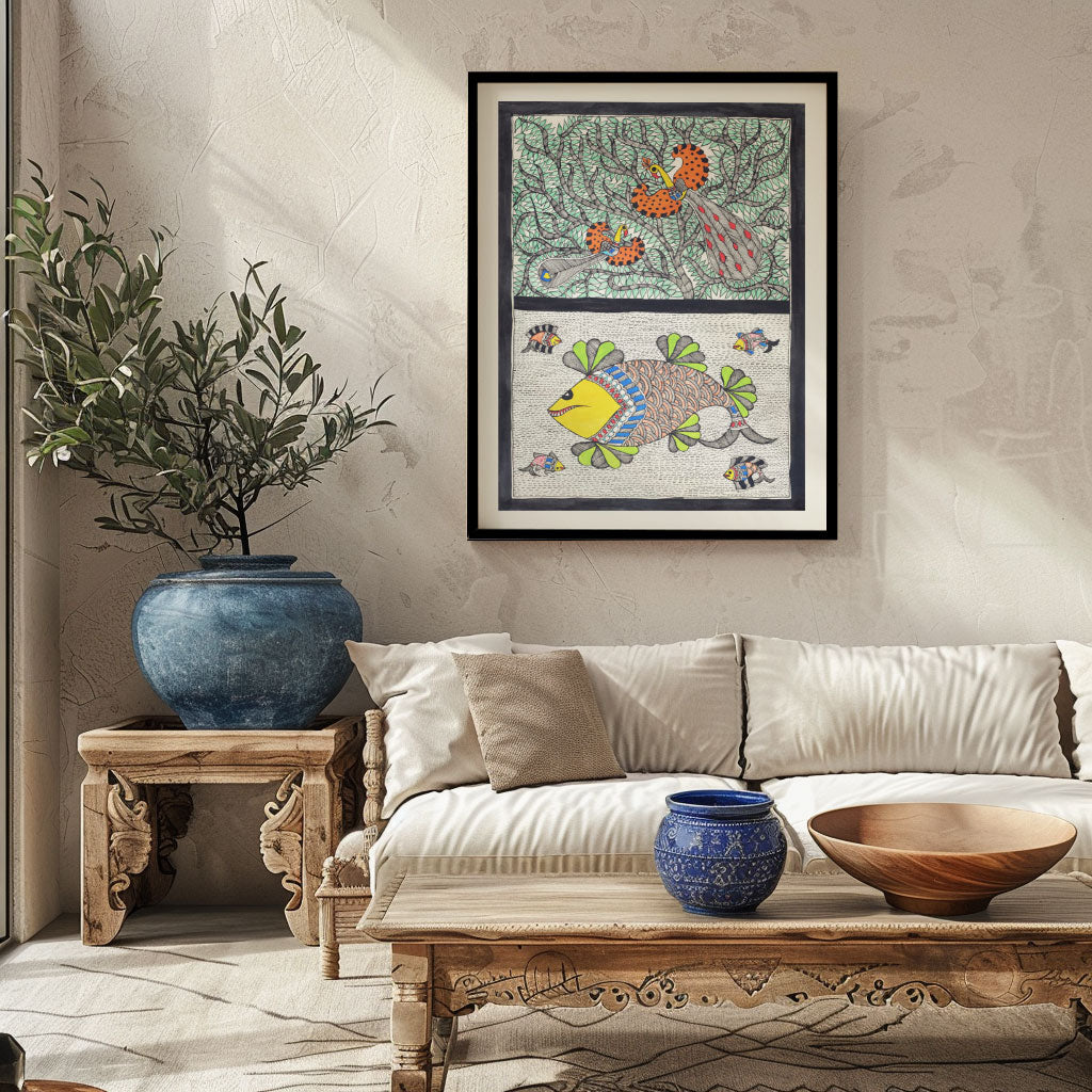 Peacock fish combination Madhubani Painting, Madhubani Art, Madhubani Painting