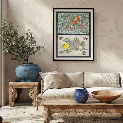 Peacock fish combination Madhubani Painting, Madhubani Art, Madhubani Painting