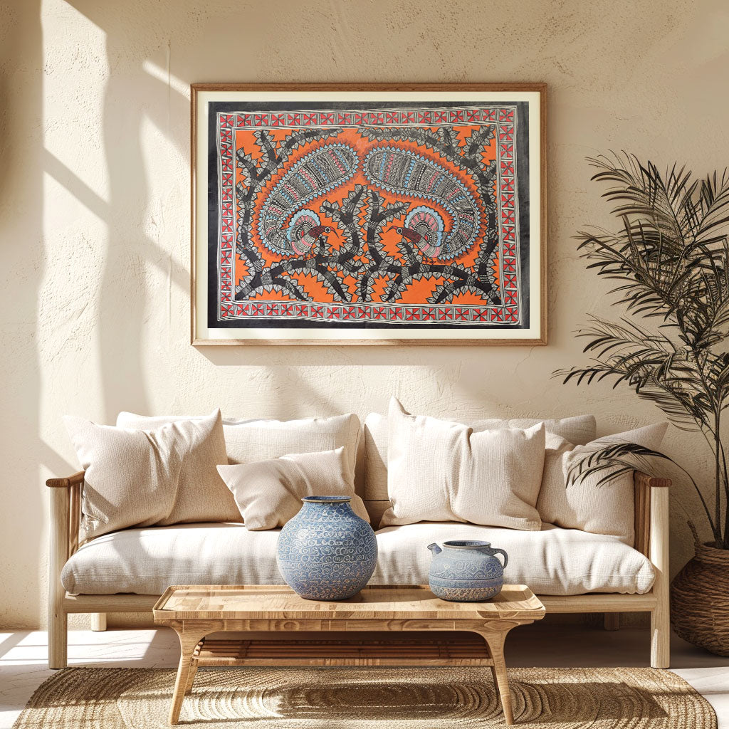 Peacock in the Forest, Madhubani Art, Madhubani Painting