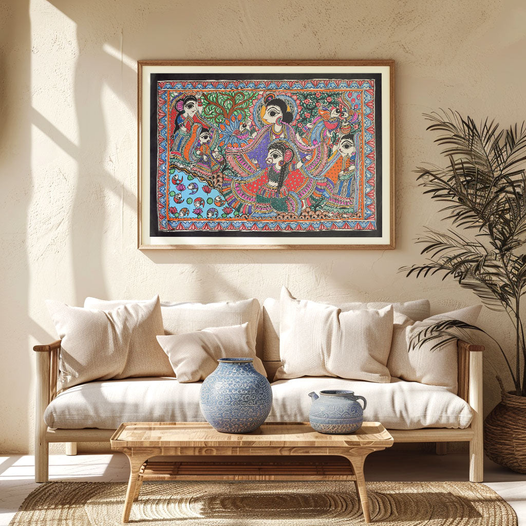 Radha krishna at the river coast, Madhubani Art, Madhubani Painting