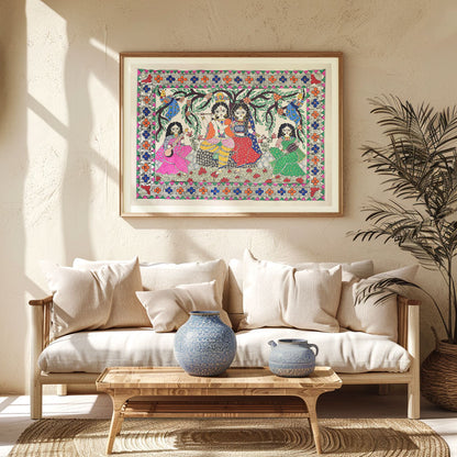 Radhakrishna with gopi, Madhubani Art, Madhubani Painting