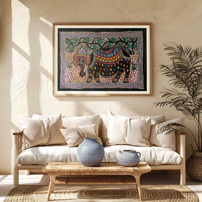 Elephant with Peacock , Madhubani Art, Madhubani Painting