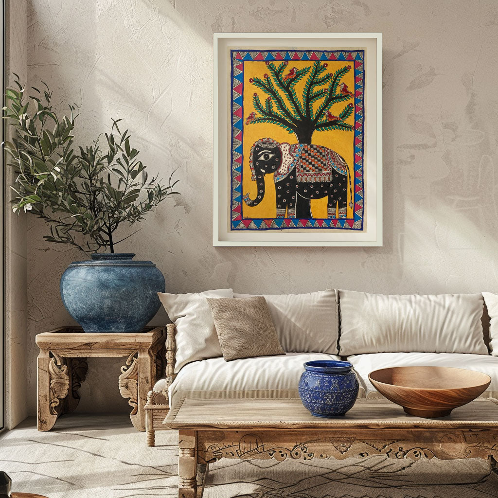 Elephant with tree , Madhubani Art, Madhubani Painting