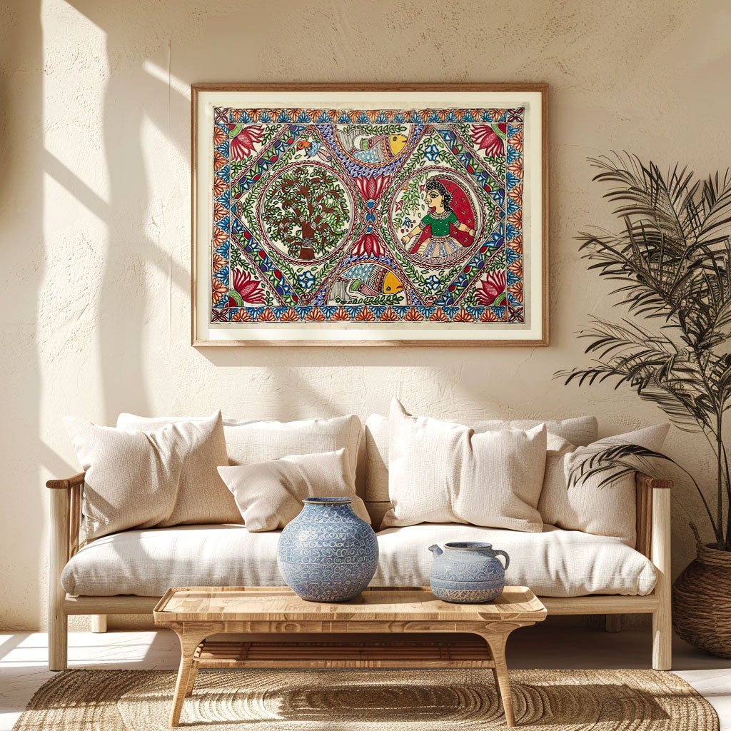 The Lady with fish and tree madhubani, Madhubani Art, Madhubani Painting