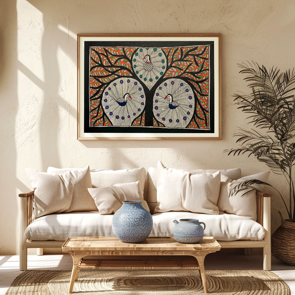 The Peacock with tree, Madhubani Art, Madhubani Painting