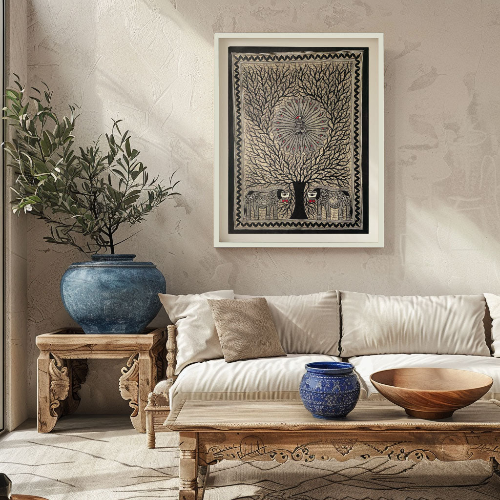 Life of Tree with Peacock and Elephant, Madhubani Art, Madhubani Painting