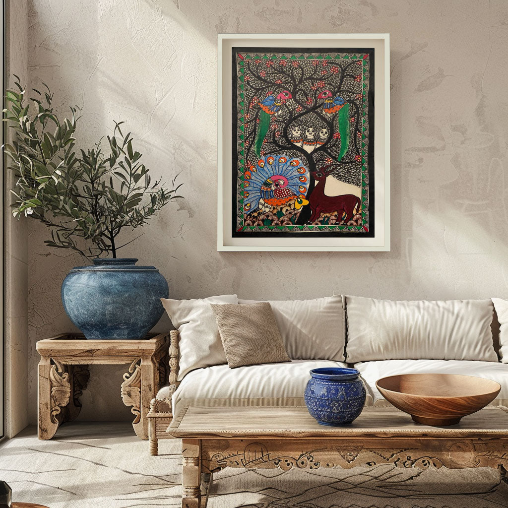 Life of Tree and Peacock Deer, Madhubani Art, Madhubani Painting