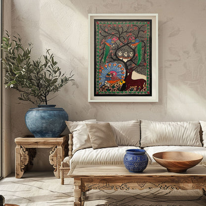 Life of Tree and Peacock Deer, Madhubani Art, Madhubani Painting