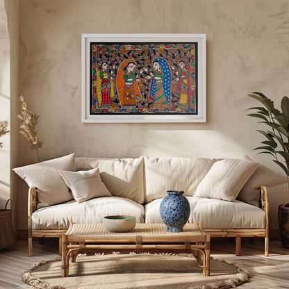 Radha with Gopis madhubani, Madhubani Art, Madhubani Painting