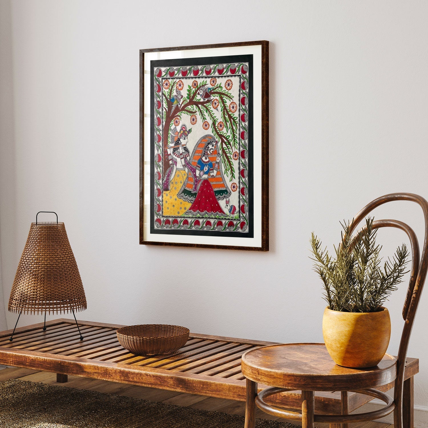 Krishna and Radha ji with flute, Madhubani Art, Madhubani Painting