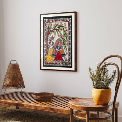 Krishna and Radha ji with flute, Madhubani Art, Madhubani Painting