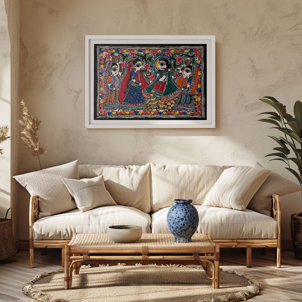 Krishna Dancing with Gopis, Madhubani Art, Madhubani Painting