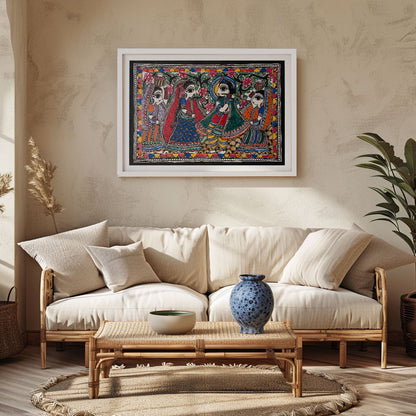 Krishna Dancing with Gopis, Madhubani Art, Madhubani Painting