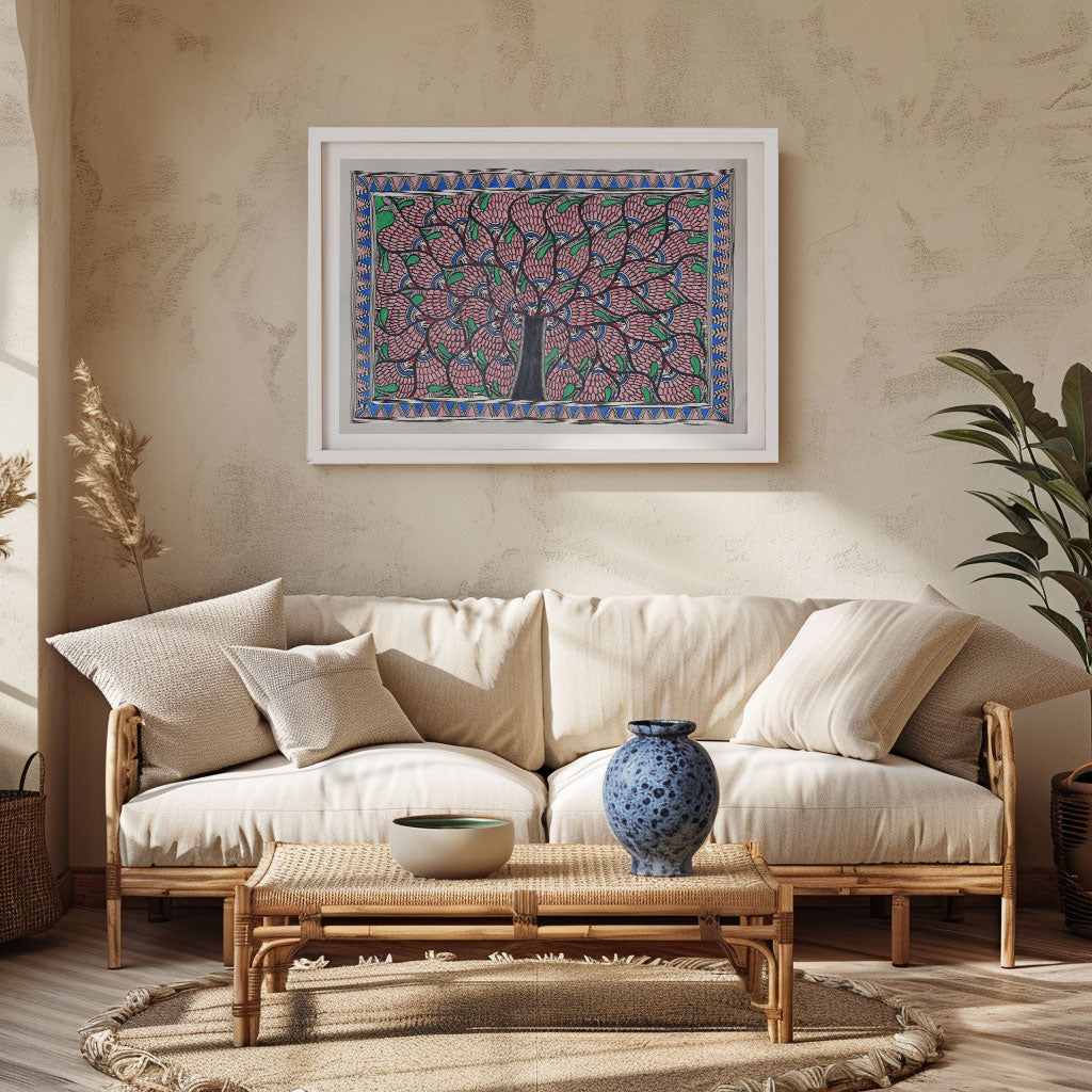 Life of tree in fish pattern in Mithila painting, Madhubani Art, Madhubani Painting