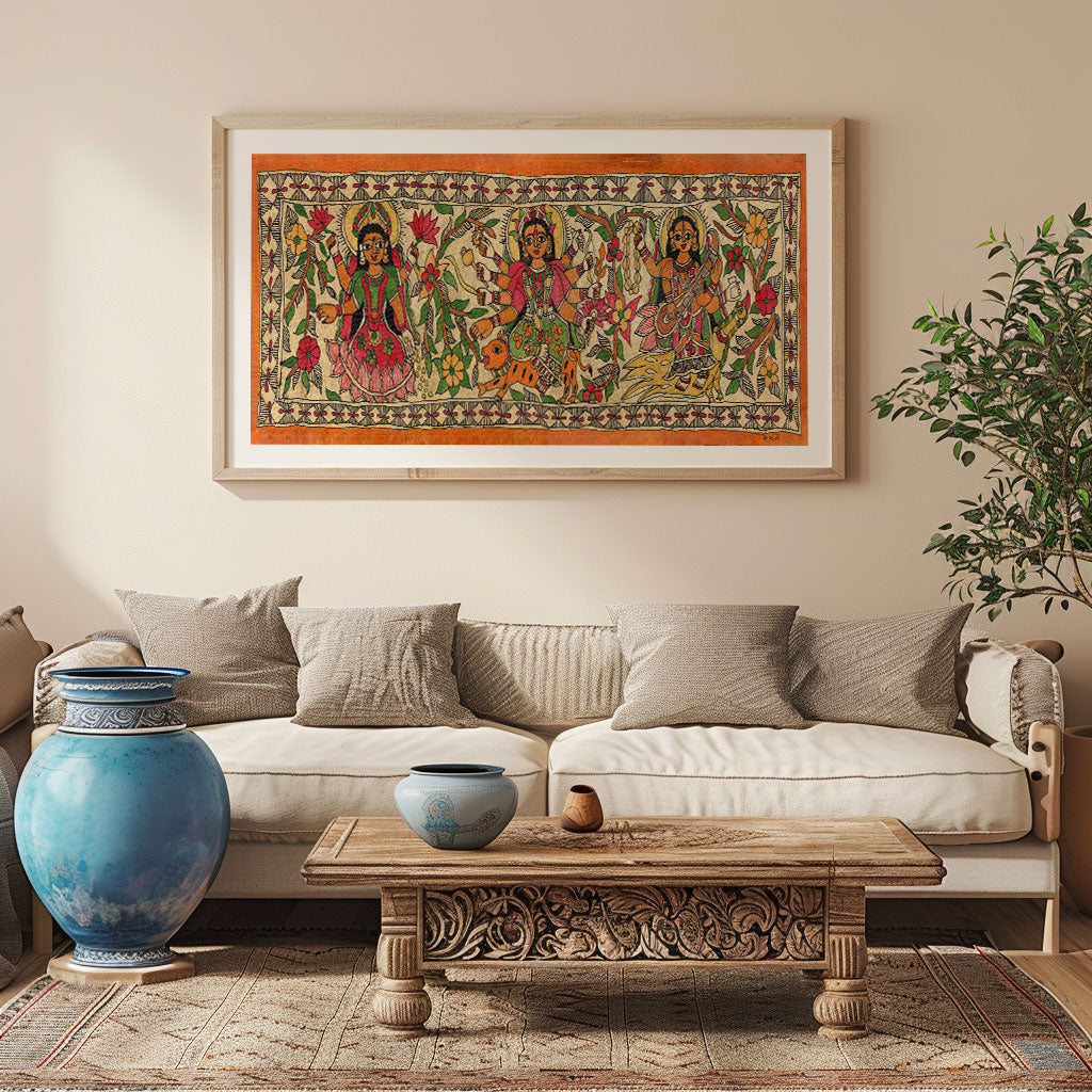 The 3 Devis-Lakshmi,Durga and Saraswati Madhubani painting