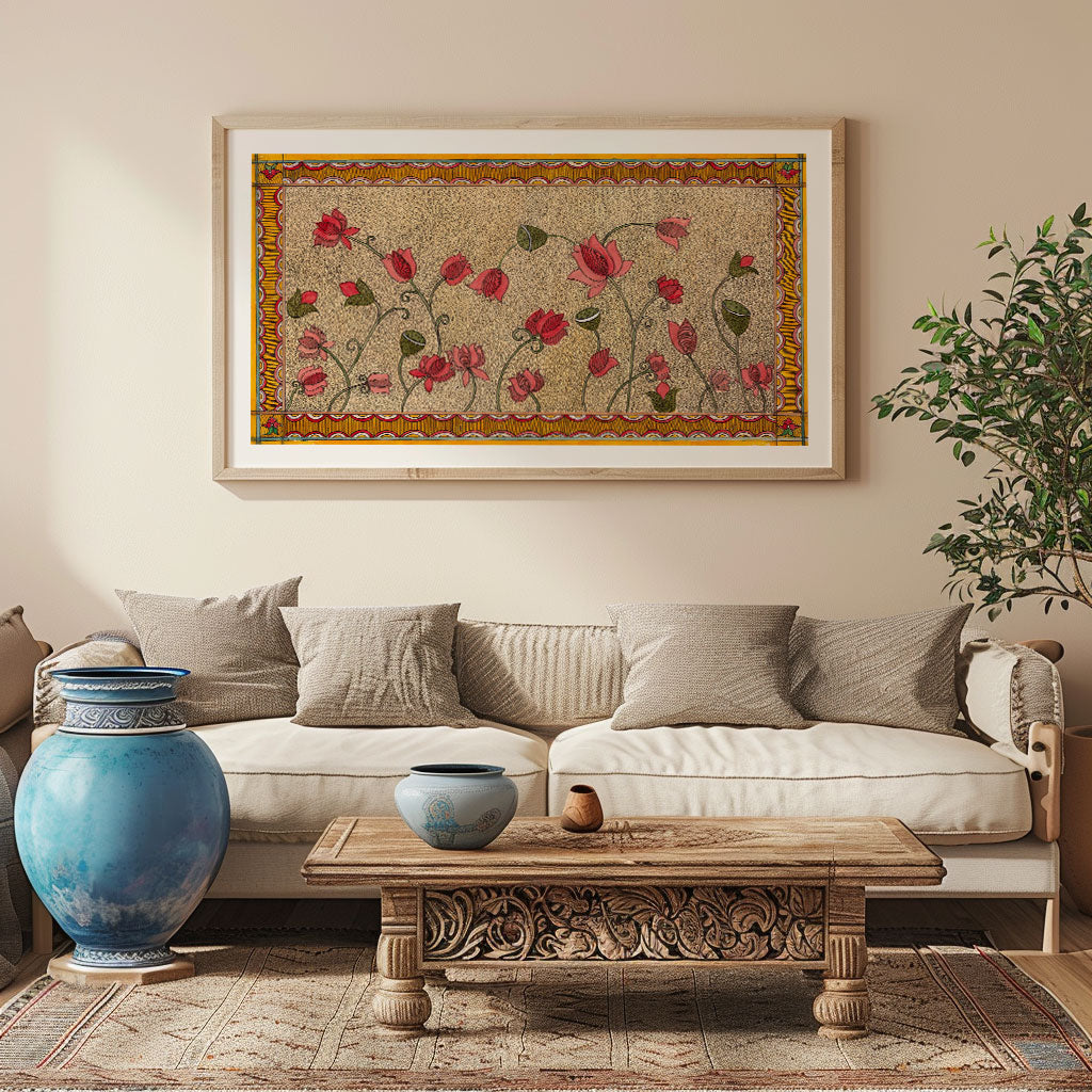 Madhubani Pink Lotus watercolor Artwork