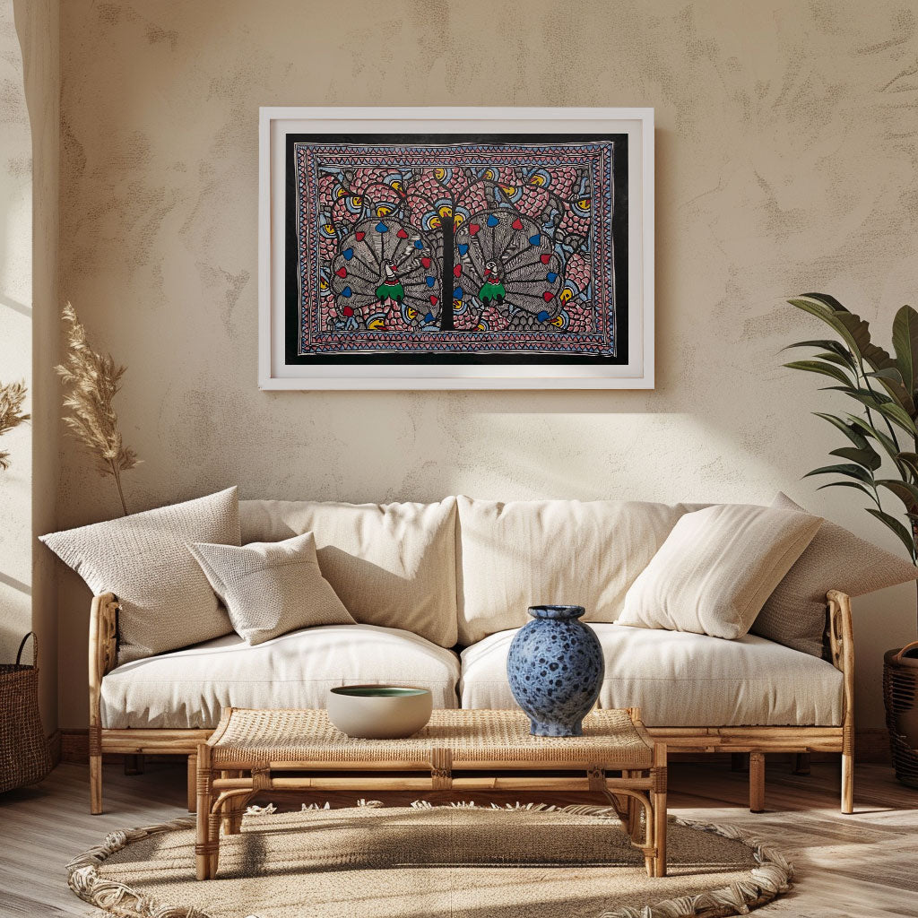 The Peacock in bageecha, Madhubani Art, Madhubani Painting