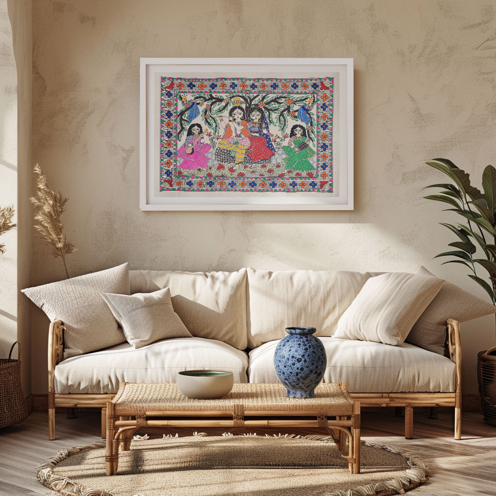 Radhakrishna with gopi, Madhubani Art, Madhubani Painting