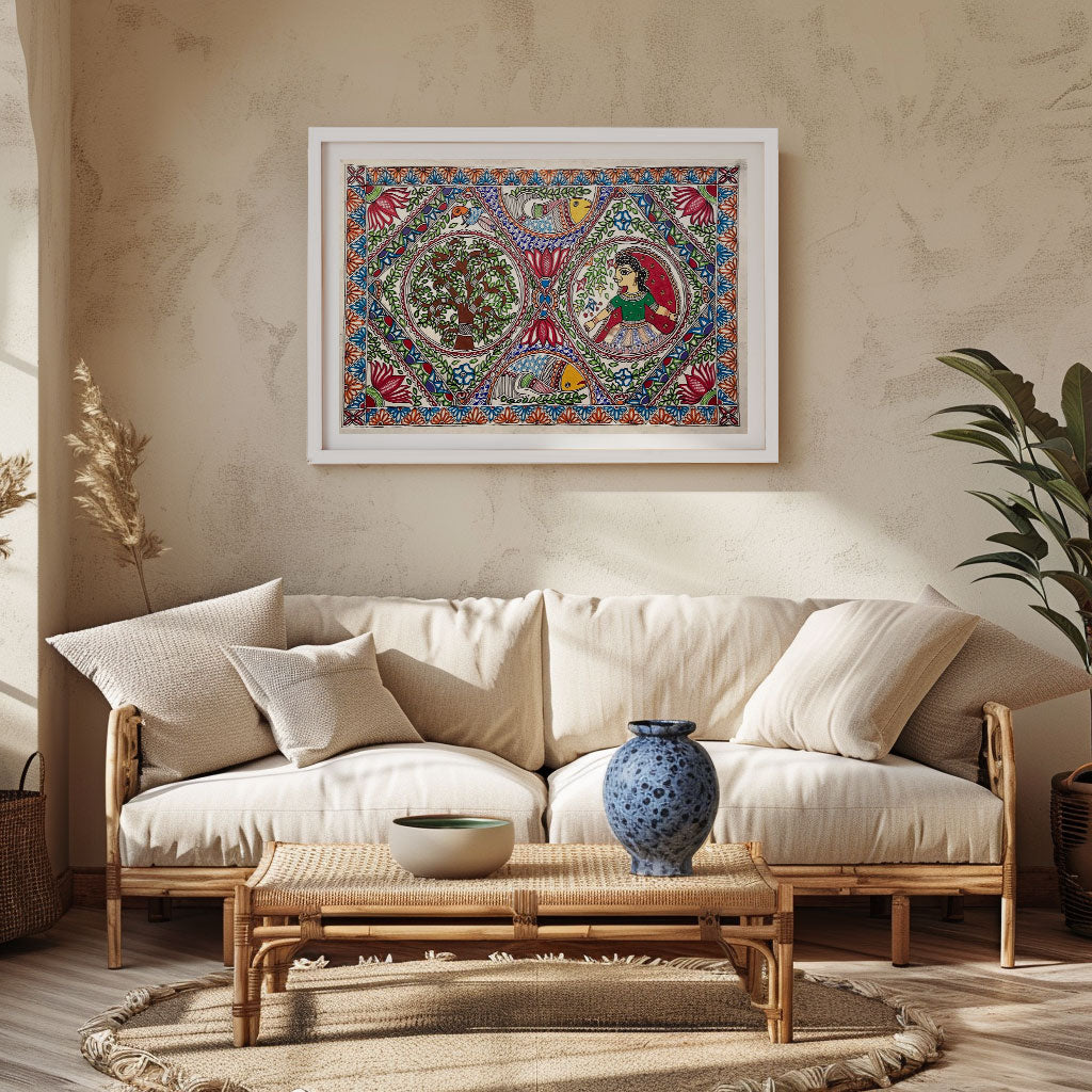 The Lady with fish and tree madhubani, Madhubani Art, Madhubani Painting