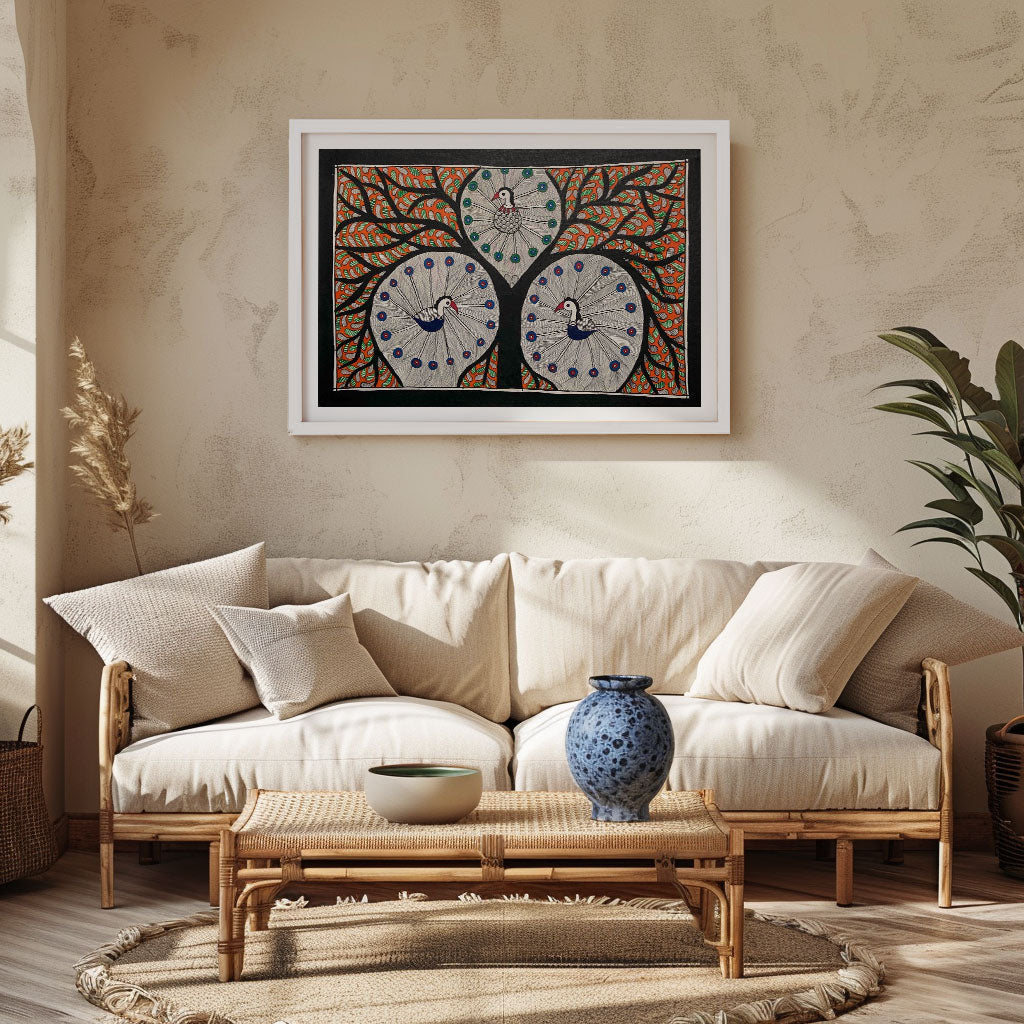 The Peacock with tree, Madhubani Art, Madhubani Painting