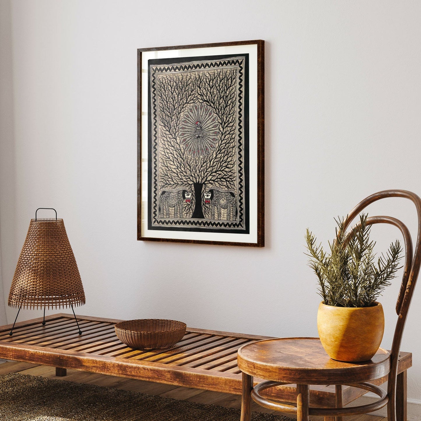 Life of Tree with Peacock and Elephant, Madhubani Art, Madhubani Painting