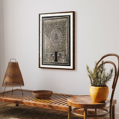 Life of Tree with Peacock and Elephant, Madhubani Art, Madhubani Painting