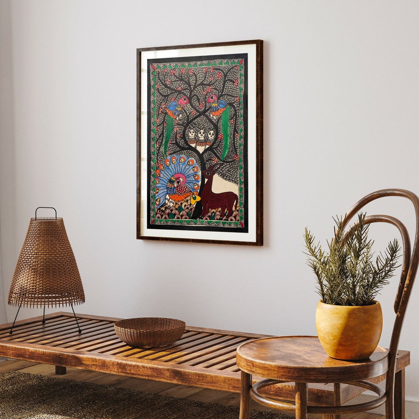 Life of Tree and Peacock Deer, Madhubani Art, Madhubani Painting