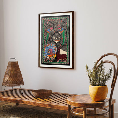 Life of Tree and Peacock Deer, Madhubani Art, Madhubani Painting